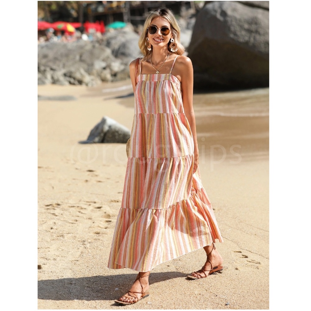 Striped Maxi Dress Flowy Flared A-line Spaghetti Straps Multicolor Long Ruffle - Picture 6 of 7